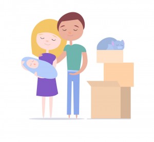 Young Family with baby and cat moving into a new house with things. Cartoon illustration in flat style.